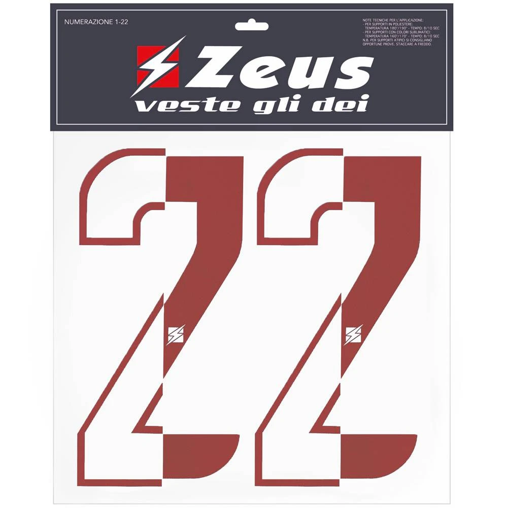 Zeus Kit De Transfert Des Numéros De 1 à 22 Moitié Senior 25cm Rouge
